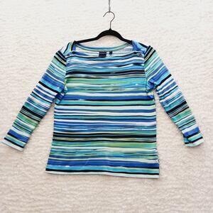T-Shirt Women Blue Green Stripe Nautical Resort Parisian Coastal Cruise Size L